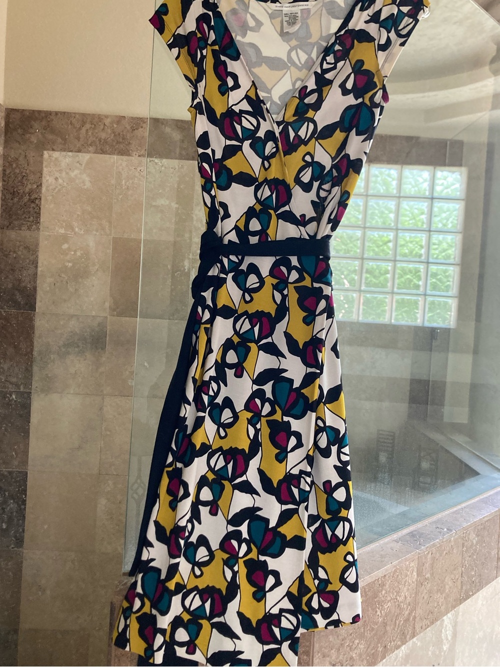 Diane Von Furstenberg White Floral Wrap Midi with Teal, Mustard & Magenta